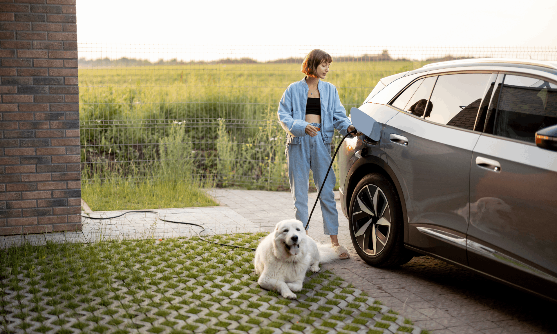 woman plugging car into charge with dog in shot.