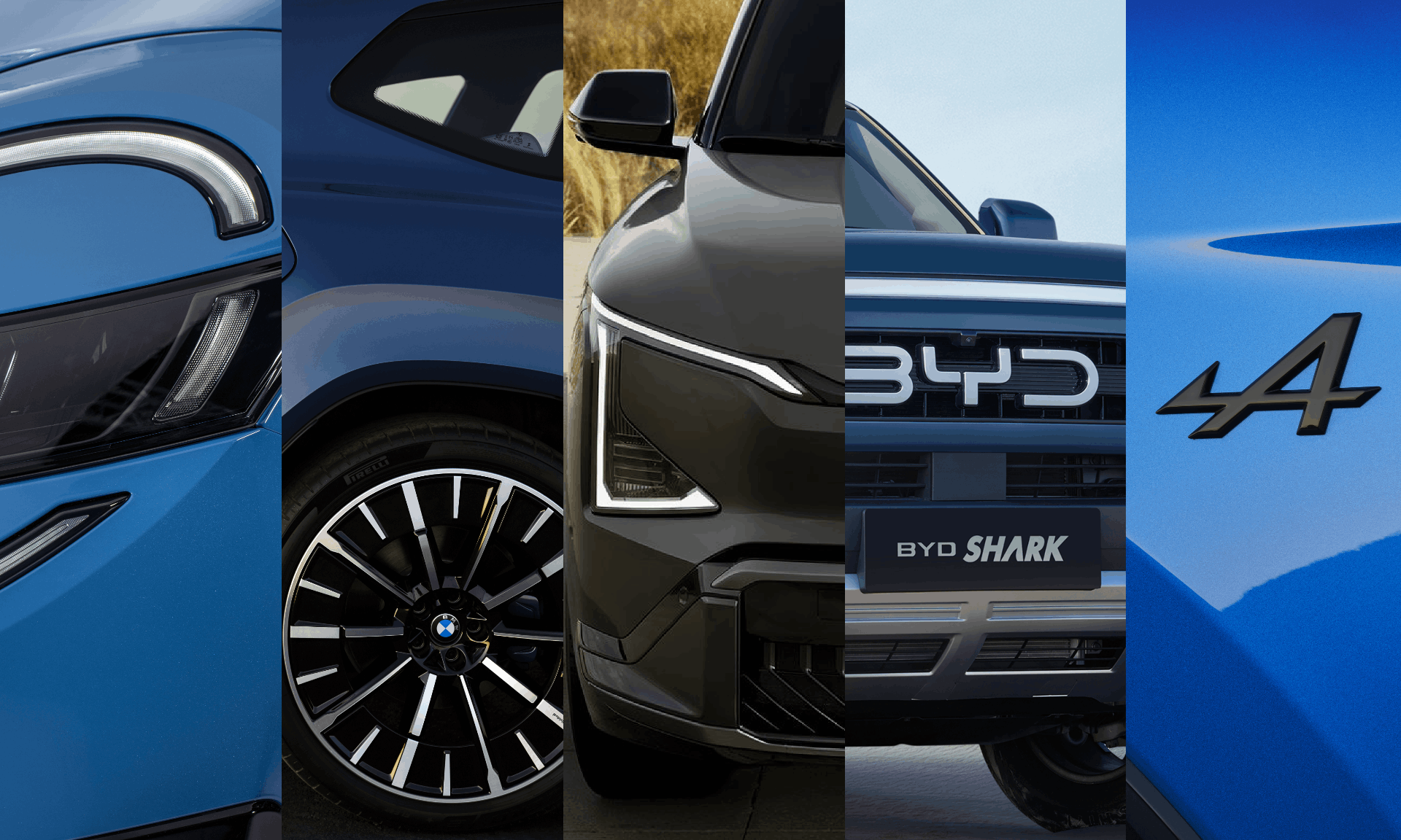 five snippets of different electric cars close up